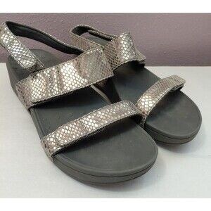 Vionic Bolinas Metallic Pewter Snake Platform Ankle Strap Wedge Sandals Sz 8